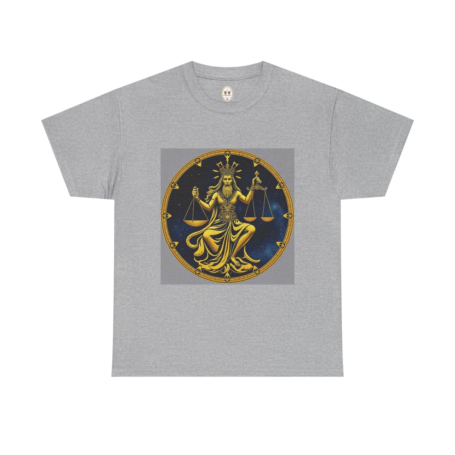 Unisex Heavy Cotton T-Shirt, Gold v1, Libra God, Zodiac Design