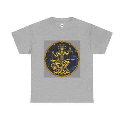 Unisex Heavy Cotton T-Shirt, Gold v1, Libra God, Zodiac Design