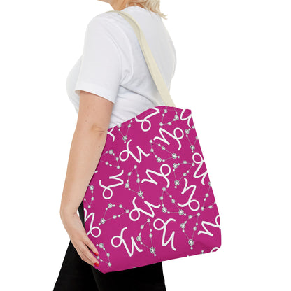 Tote Bag, Capricorn Zodiac Sign, AOP, (Pink, White)