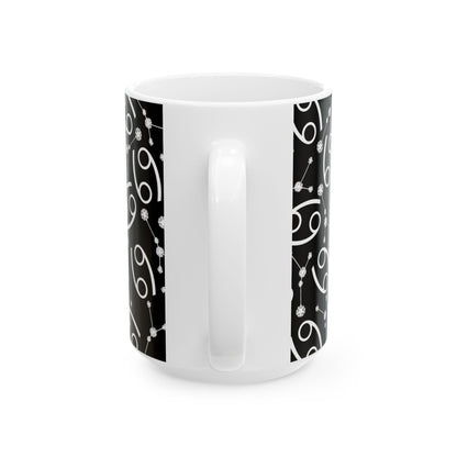 Ceramic Mug, (11oz, 15oz), Ceramic Coffee Mug, Black AOP, Cancer Zodiac Design