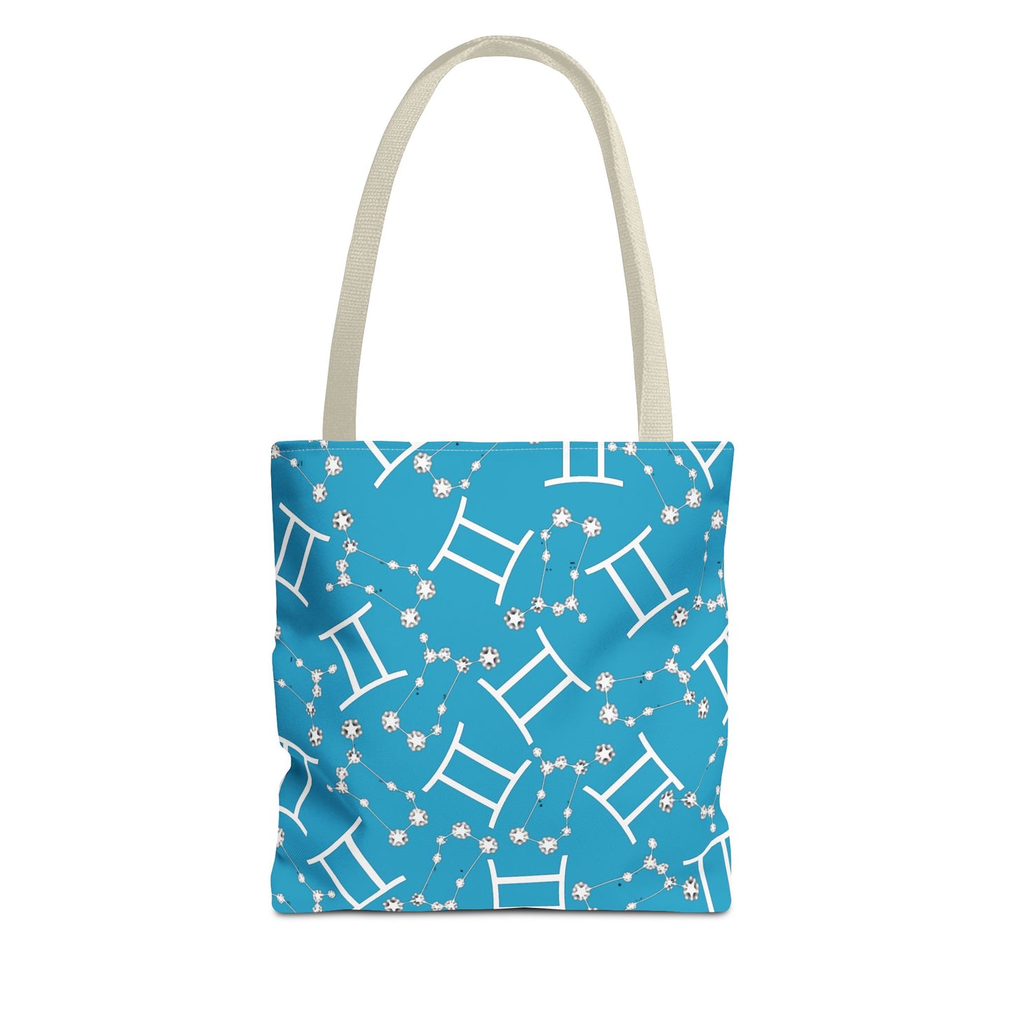 Tote Bag, Gemini Zodiac Sign, AOP, (Turquoise, White Print)