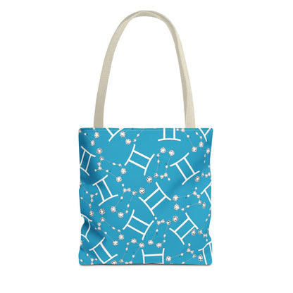 Tote Bag, Gemini Zodiac Sign, AOP, (Turquoise, White Print)
