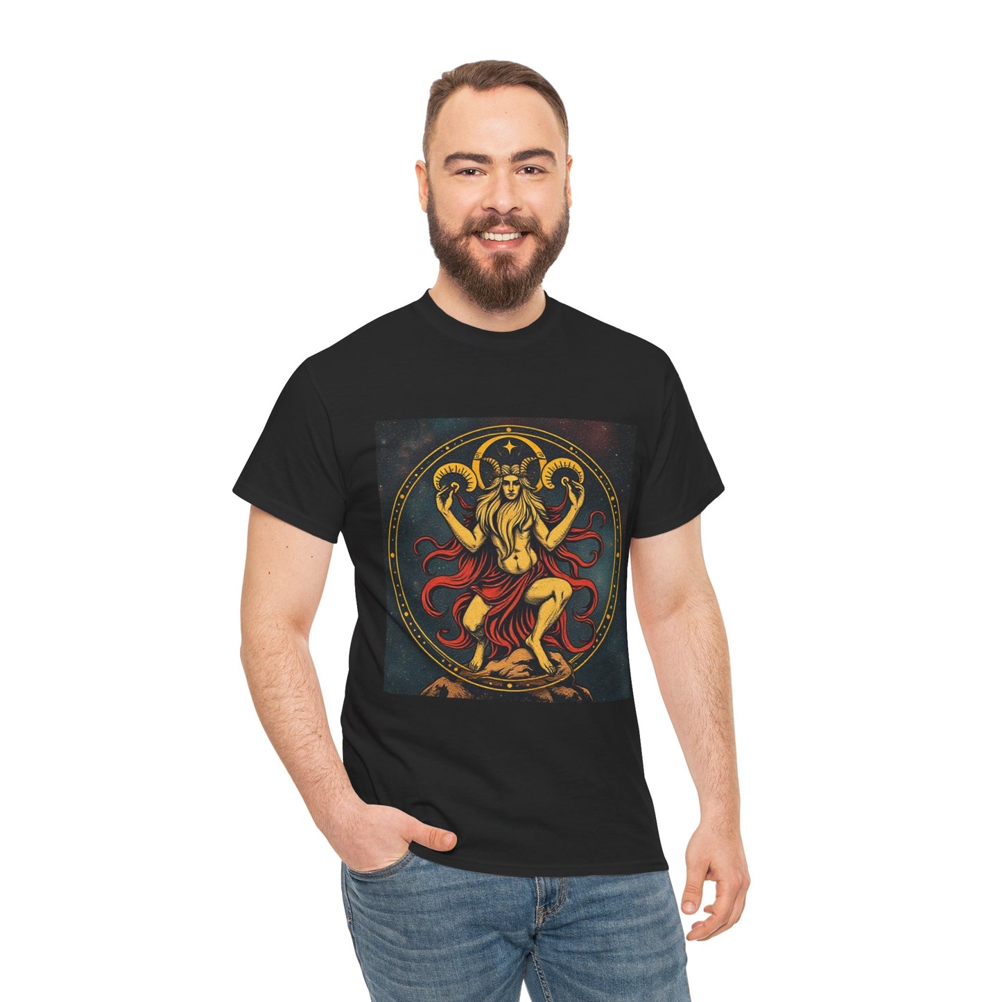 Unisex Heavy Cotton T-Shirt, Aries God 2v, Zodiac Design