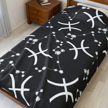 Velveteen Plush Blanket, Pisces Zodiac Sign, Constellation & Symbol, Black, 100% polyester