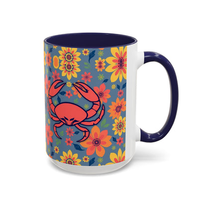 Accent Coffee Mug, Cancer, Zodiac v1, Flower Pattern, (11, 15oz)