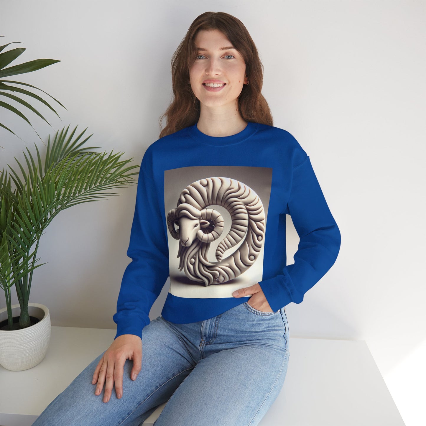 Unisex Heavy Blend™ Crewneck Sweatshirt, Round Statue, Aries Zodiac Design