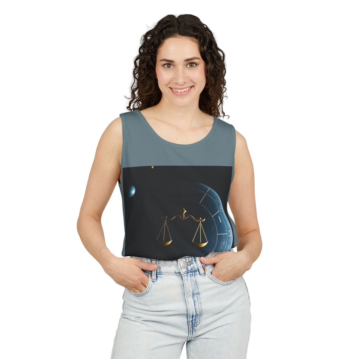 Unisex Garment-Dyed, Tank Top, Libra Design, Space Scale, 100% US cotton
