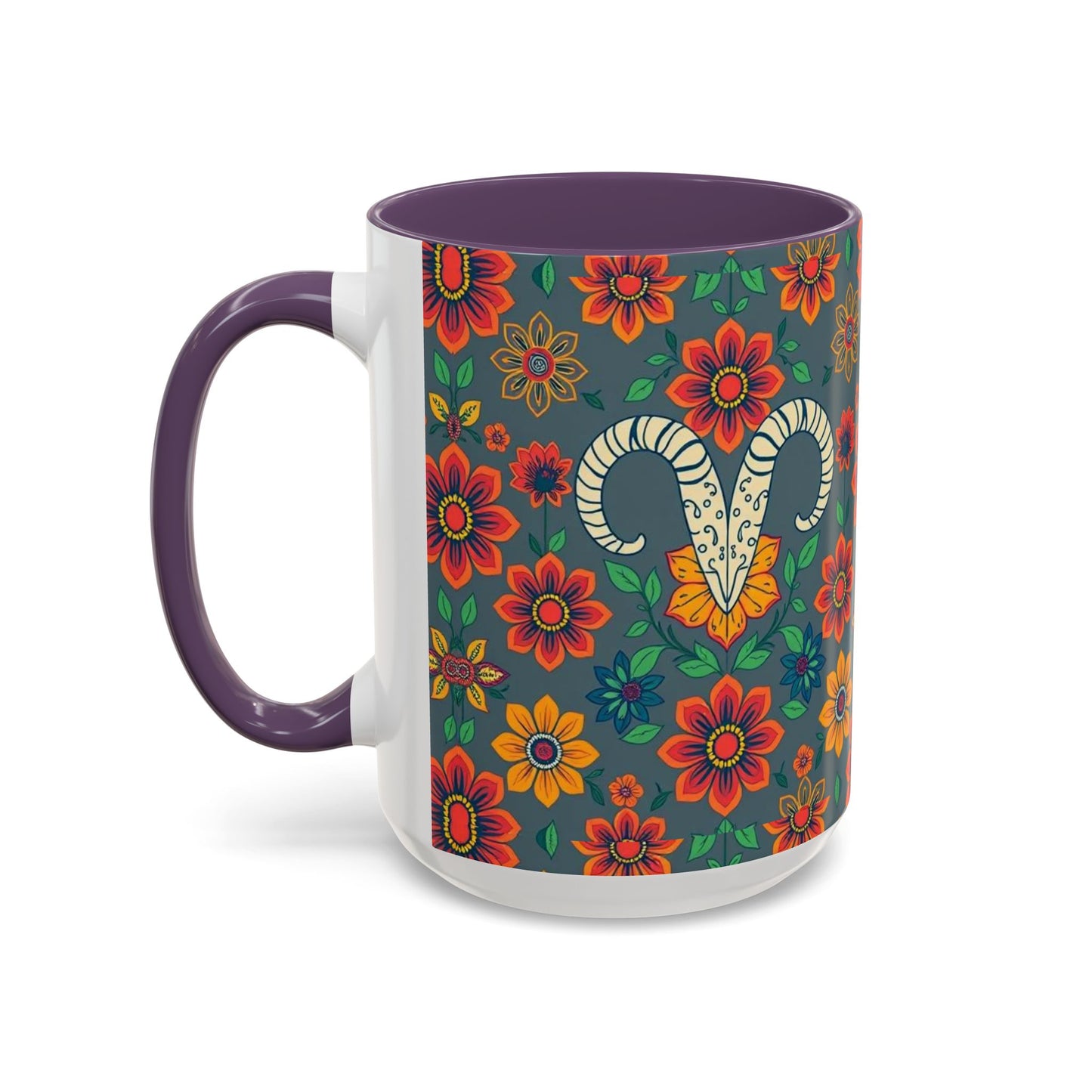 Accent Coffee Mug, Aries, Zodiac v4, Flower Pattern, (11, 15oz)