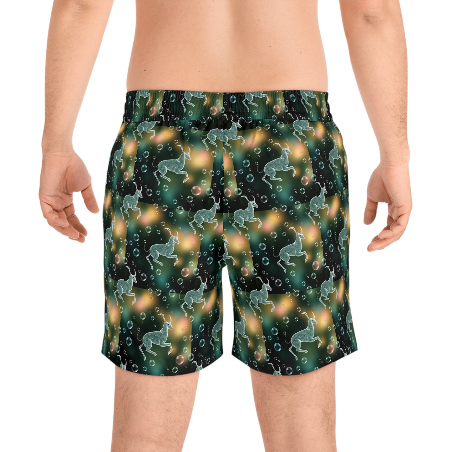 Men's Mid-Length Swim Shorts, (AOP), Capricorn, Zodiac v1, Bubble Pattern