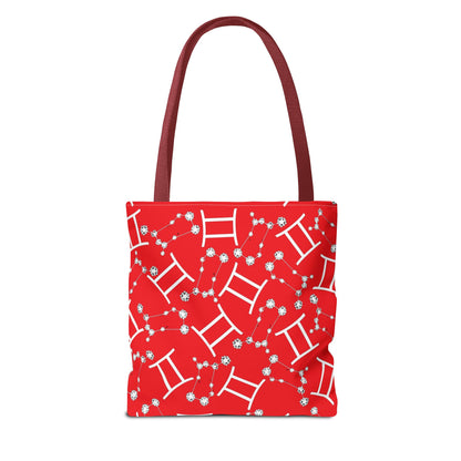 Tote Bag, Gemini Zodiac Sign, AOP, (Red, White Print)