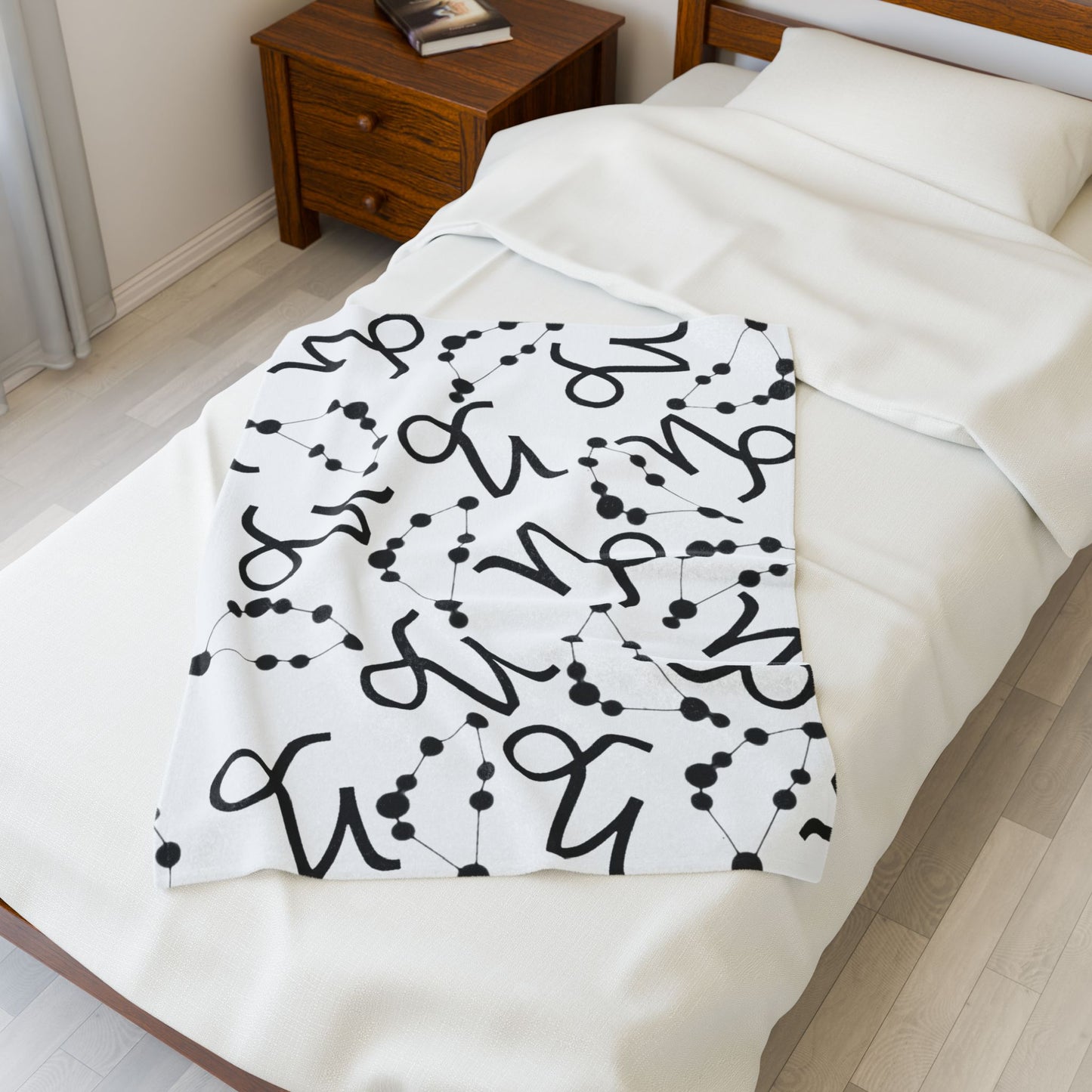 Velveteen Plush Blanket, Capricorn Zodiac Sign, Constellation & Symbol, White, 100% polyester