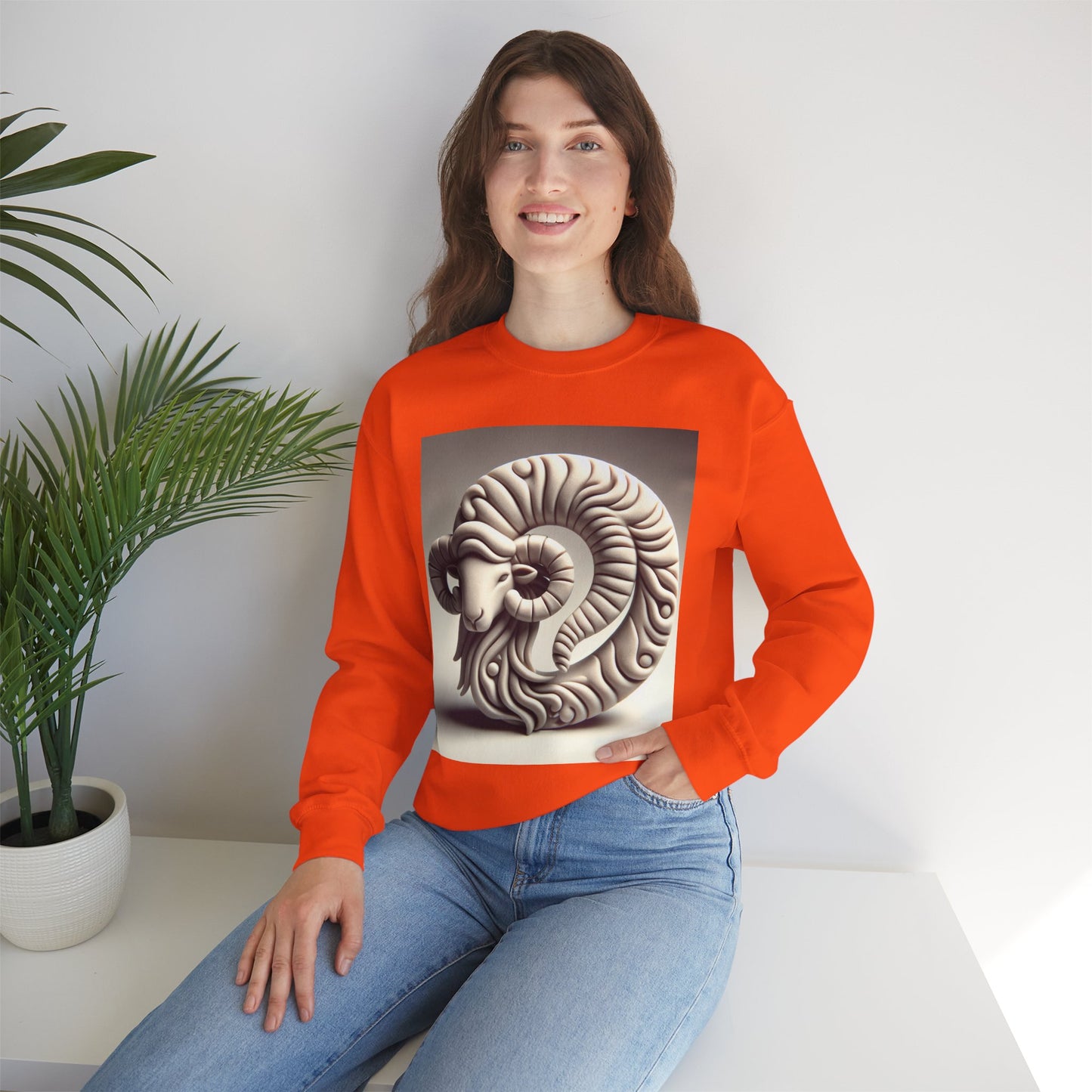Unisex Heavy Blend™ Crewneck Sweatshirt, Round Statue, Aries Zodiac Design