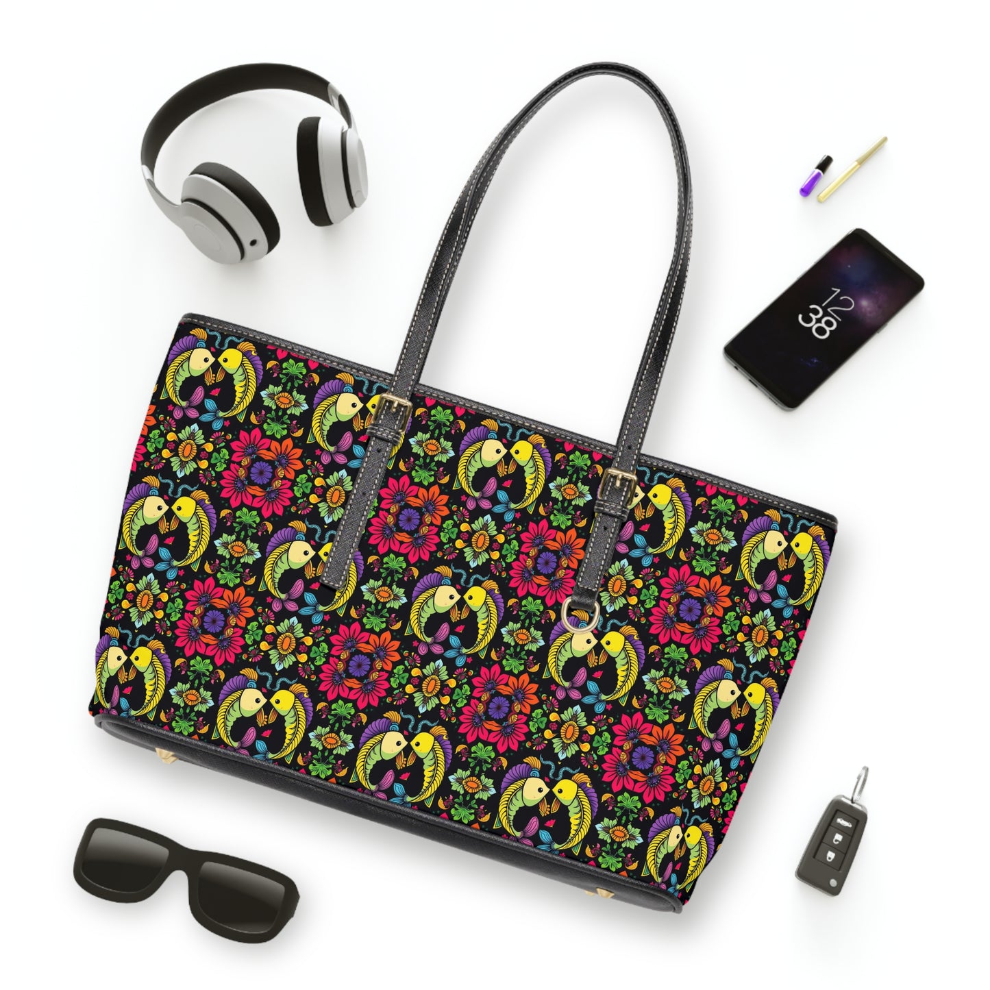 Leather Shoulder Bag, Pisces, Zodiac, Flower Pattern