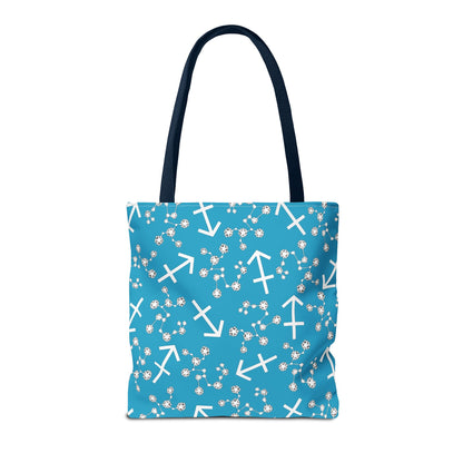 Tote Bag, Sagittarius Zodiac Sign, AOP, (Turquoise, White Print)