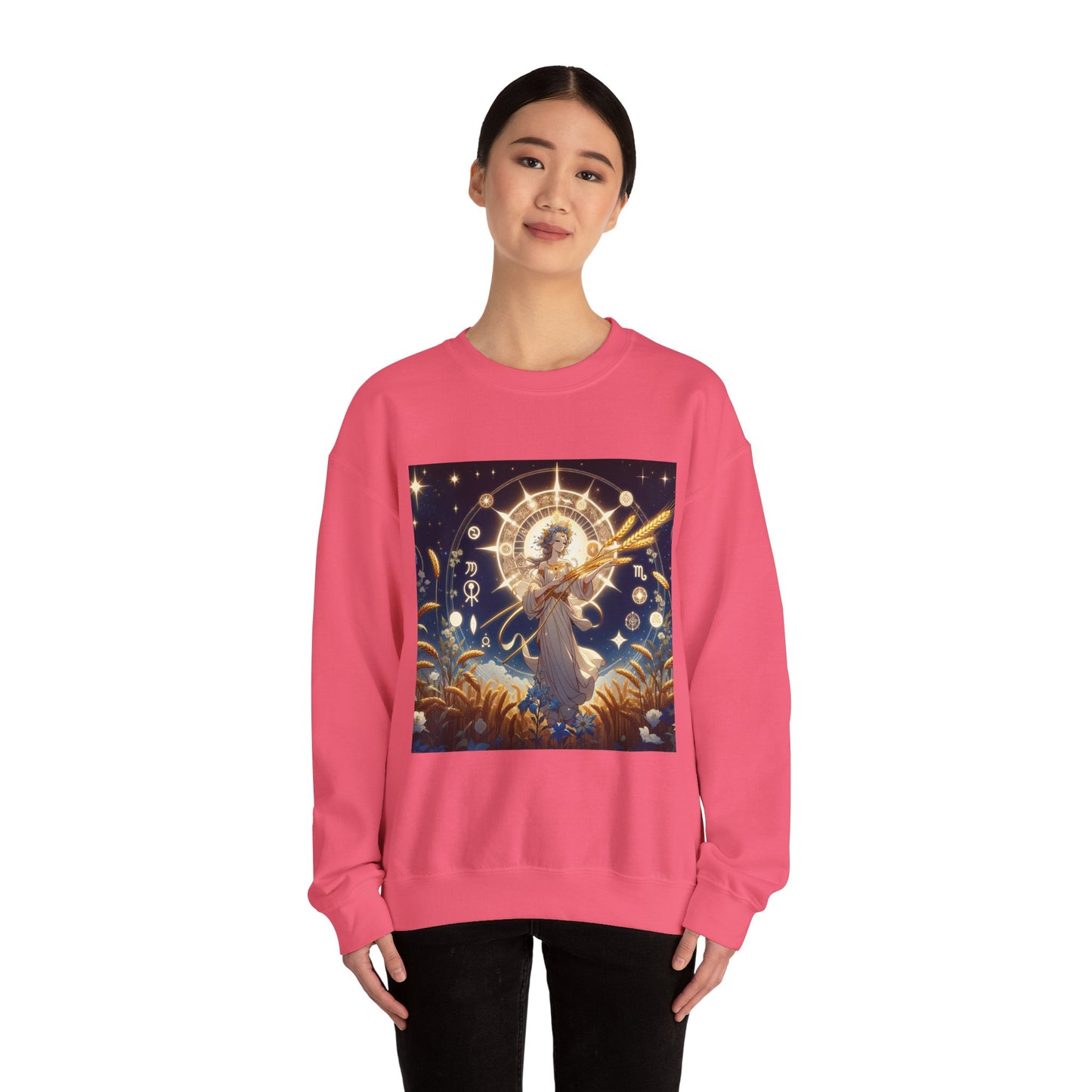 Unisex Heavy Blend™ Crewneck Sweatshirt, anime girl in wheat field, Virgo Zodiac Design