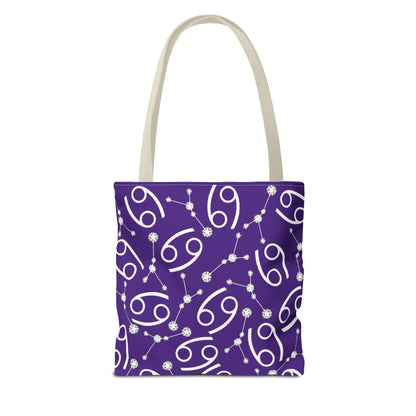 Tote Bag, Cancer Zodiac Sign, AOP, (Purple, White)