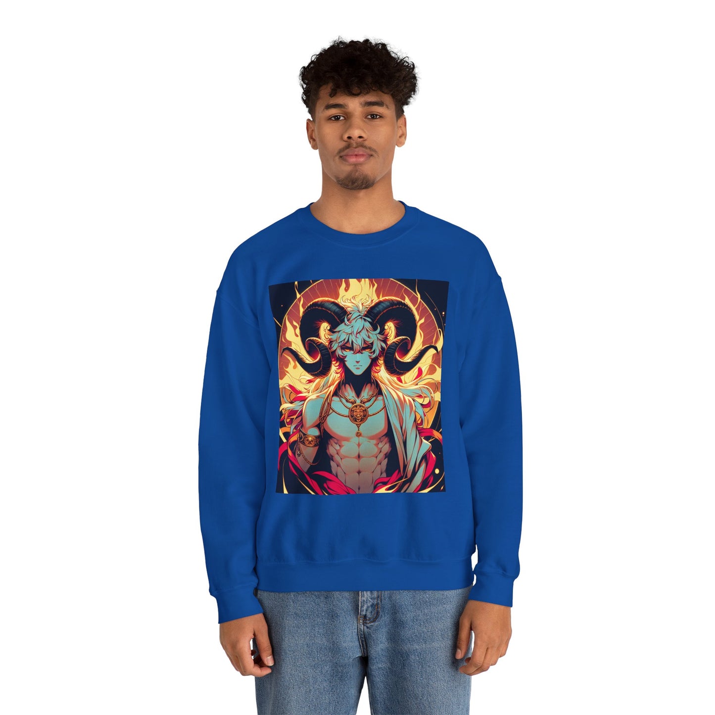 Unisex Heavy Blend™ Crewneck Sweatshirt, Anime Fire Aries, Zodiac Design