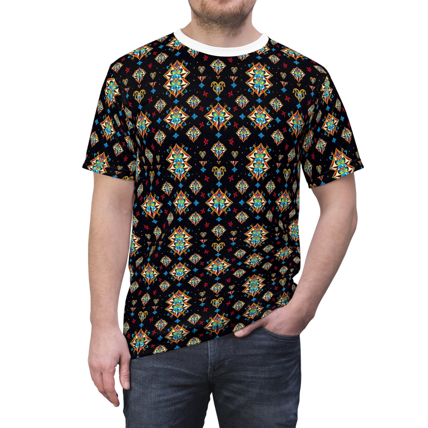 Unisex Cut & Sew T-Shirt, (AOP), Sagittarius, Zodiac v1, Jewels Pattern