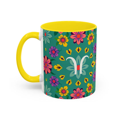 Accent Coffee Mug, Aquarius, Zodiac v3, Flower Pattern, (11, 15oz)