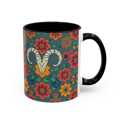 Accent Coffee Mug, Aries, Zodiac v4, Flower Pattern, (11, 15oz)