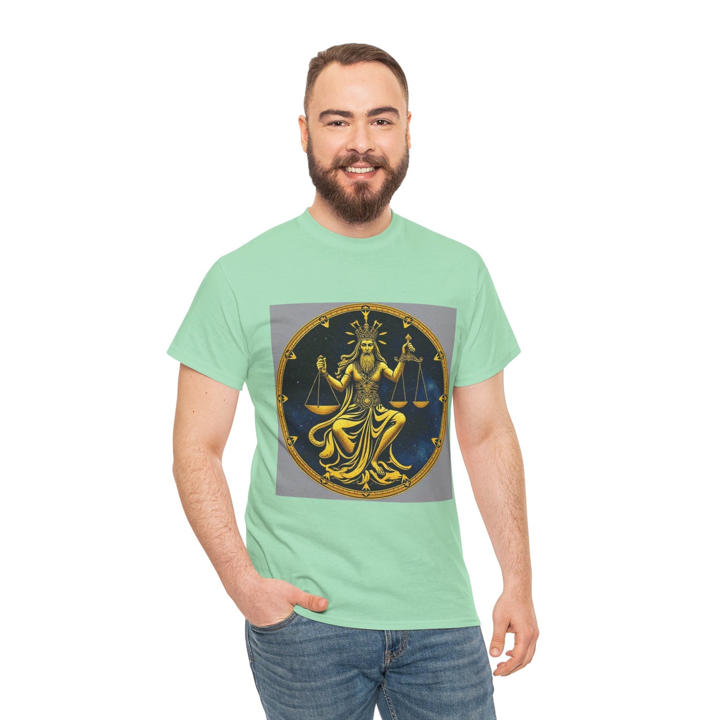 Unisex Heavy Cotton T-Shirt, Gold v1, Libra God, Zodiac Design