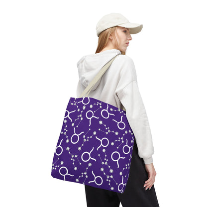 Tote Bag, Taurus Zodiac Sign, AOP, (Purple, White)