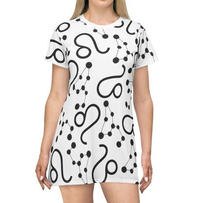 T-Shirt Dress (AOP), 100% Polyester, White thread color, Leo Zodiac design