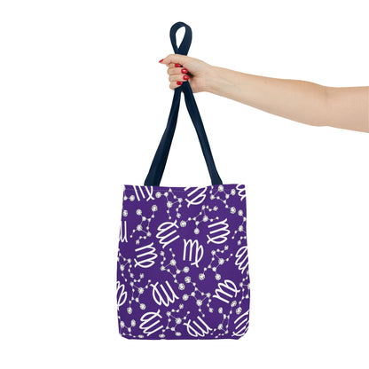 Tote Bag, Virgo Zodiac Sign, AOP, (Purple, White)
