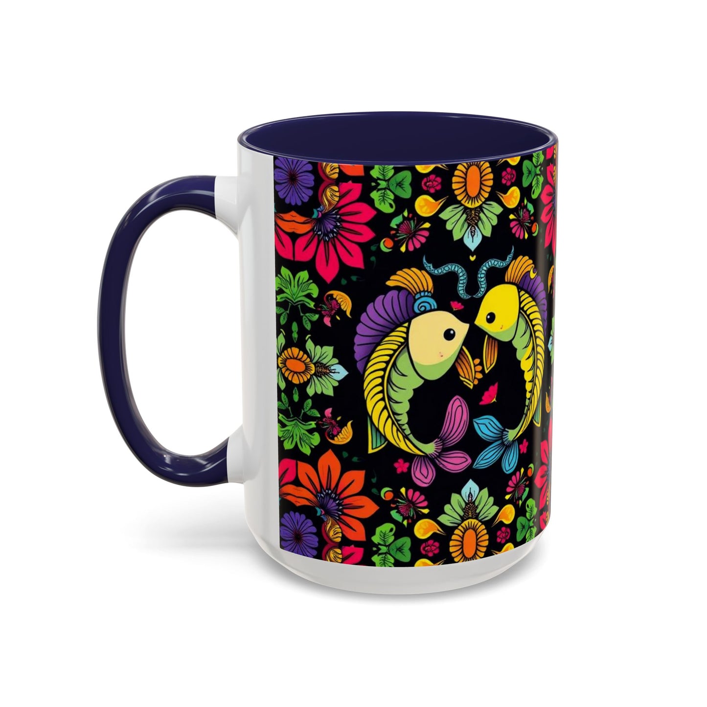 Accent Coffee Mug, Pisces, Zodiac v3, Flower Pattern, (11, 15oz)