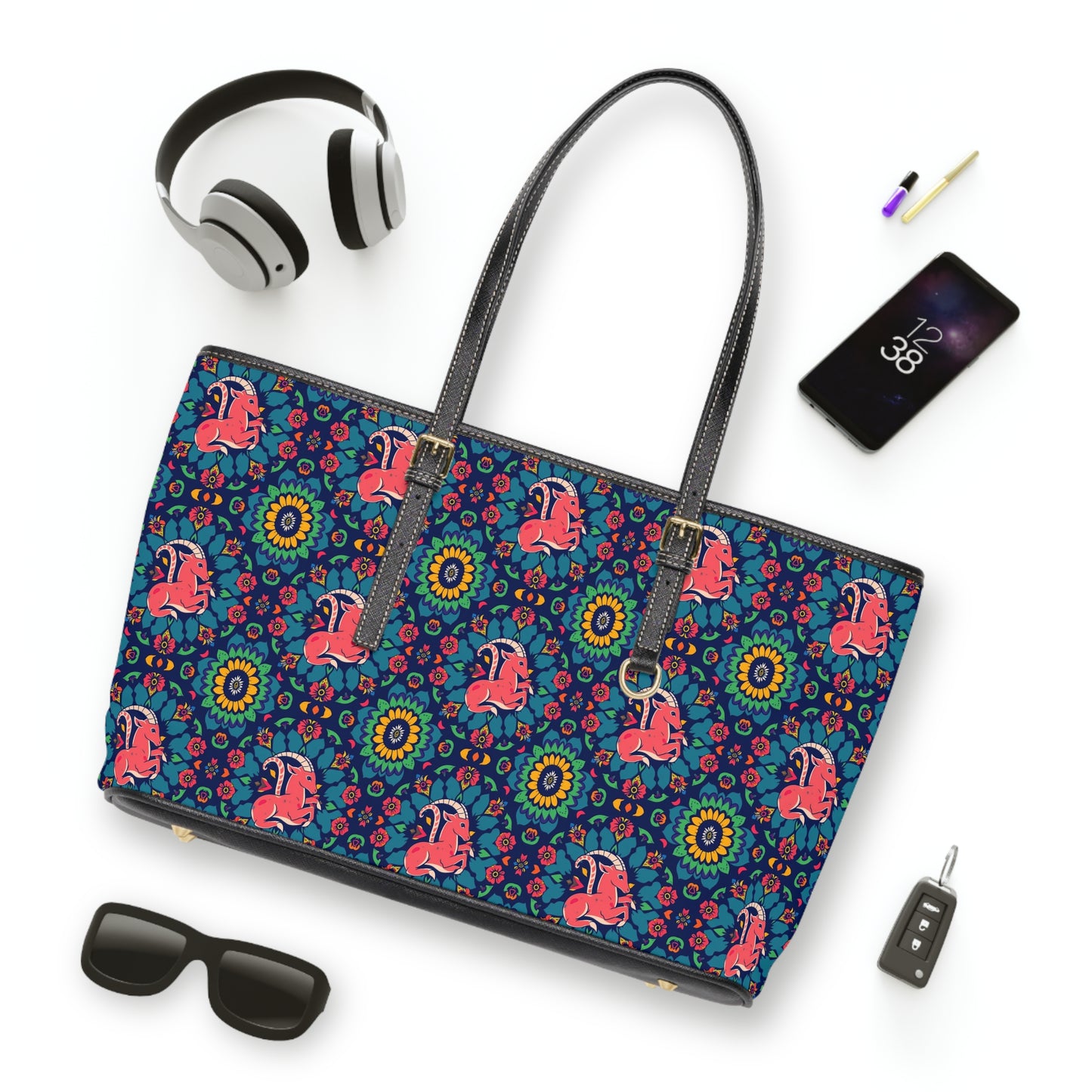 Leather Shoulder Bag, Capricorn, Zodiac v1, Flower Pattern