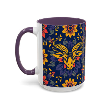 Accent Coffee Mug, Taurus, Zodiac v1. Flower Pattern, (11, 15oz)