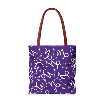 Tote Bag, Capricorn Zodiac Sign, AOP, (Purple, White)