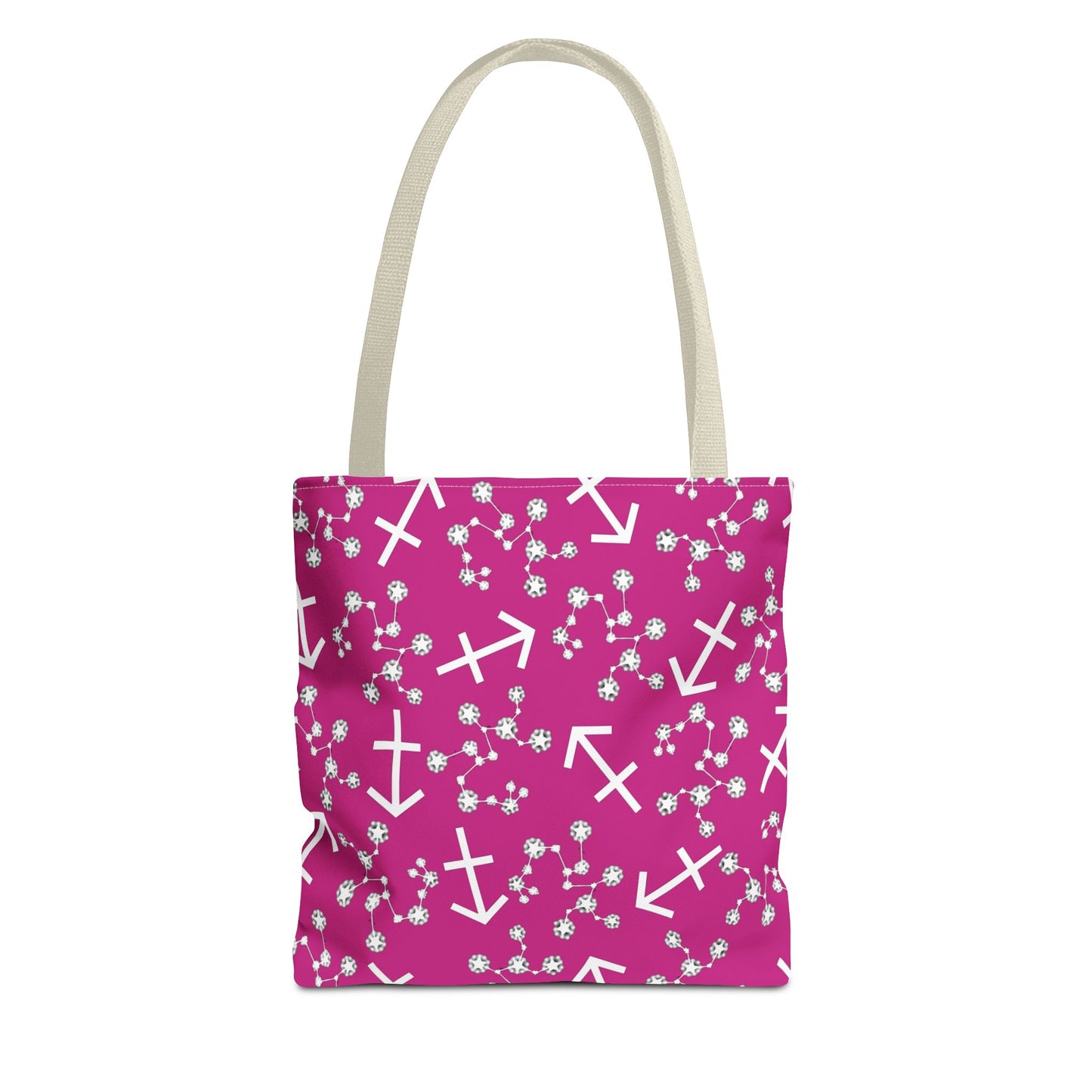 Tote Bag, Sagittarius Zodiac Sign, AOP, (Pink, White Print)