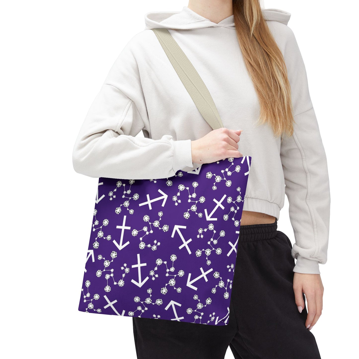 Tote Bag, Sagittarius Zodiac Sign, AOP, (Purple, White Print)