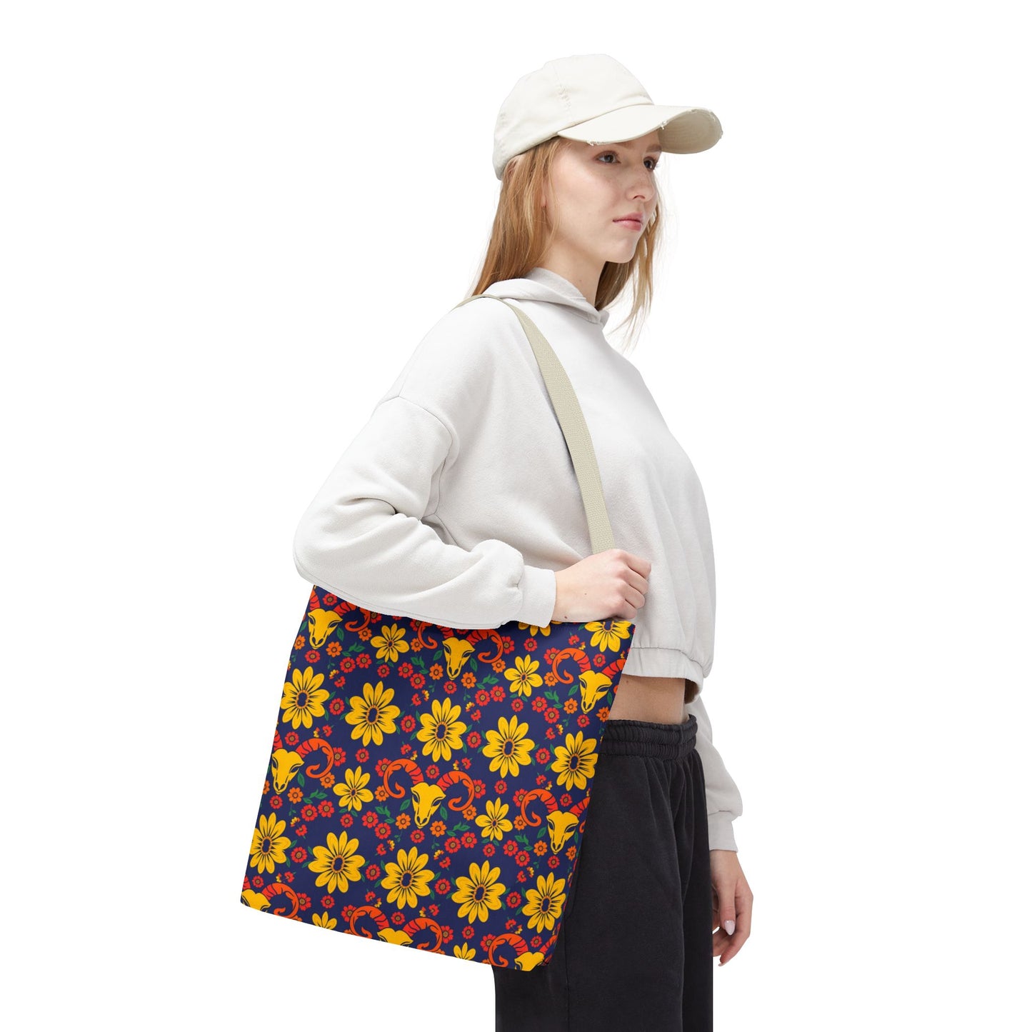 Tote Bag, (AOP), Aries, Zodiac v5, Flower Pattern