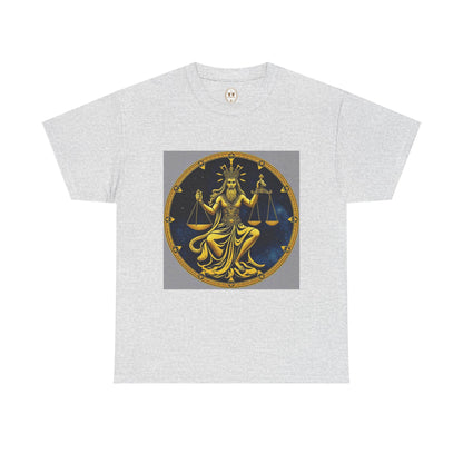 Unisex Heavy Cotton T-Shirt, Gold v1, Libra God, Zodiac Design