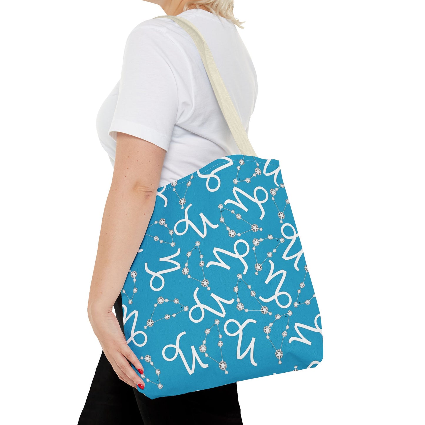 Tote Bag, Capricorn Zodiac Sign, AOP, (Turquoise, White)
