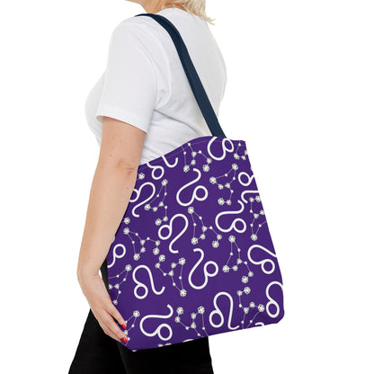 Tote Bag, Leo Zodiac Sign, AOP, (Purple, White)
