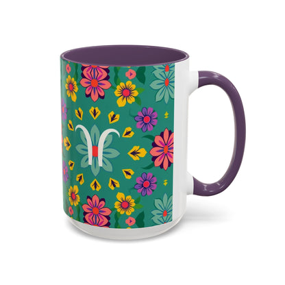 Accent Coffee Mug, Aquarius, Zodiac v3, Flower Pattern, (11, 15oz)
