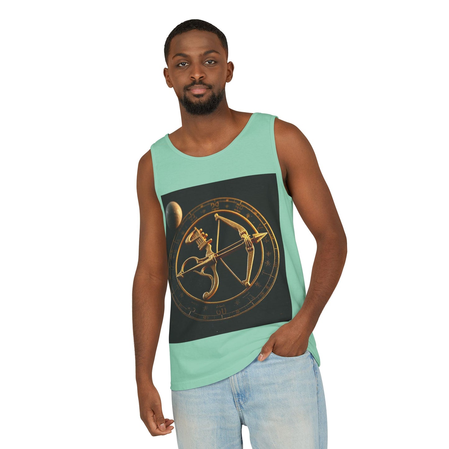 Unisex Garment-Dyed, Tank Top, Sagittarius Design, Planet Symbol v1, 100% US cotton