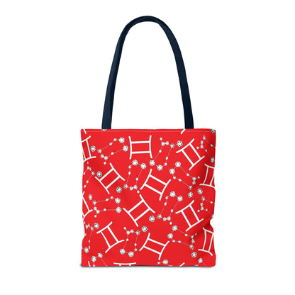Tote Bag, Gemini Zodiac Sign, AOP, (Red, White Print)