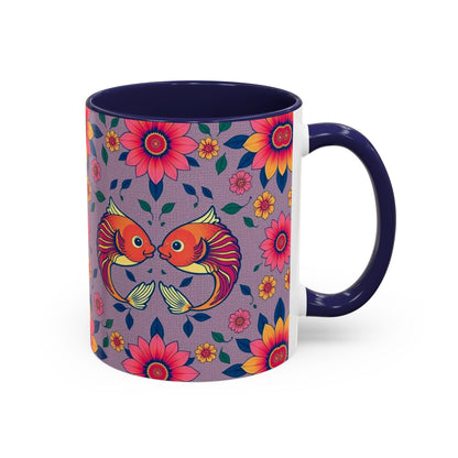 Accent Coffee Mug, Pisces, Zodiac v2, Flower Pattern, (11, 15oz)