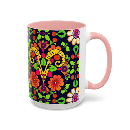 Accent Coffee Mug, Aries, Zodiac v2, Flower Pattern, (11, 15oz)
