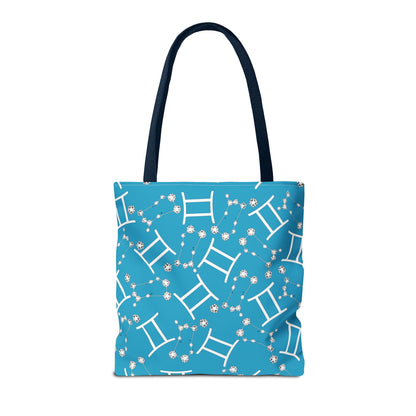 Tote Bag, Gemini Zodiac Sign, AOP, (Turquoise, White Print)