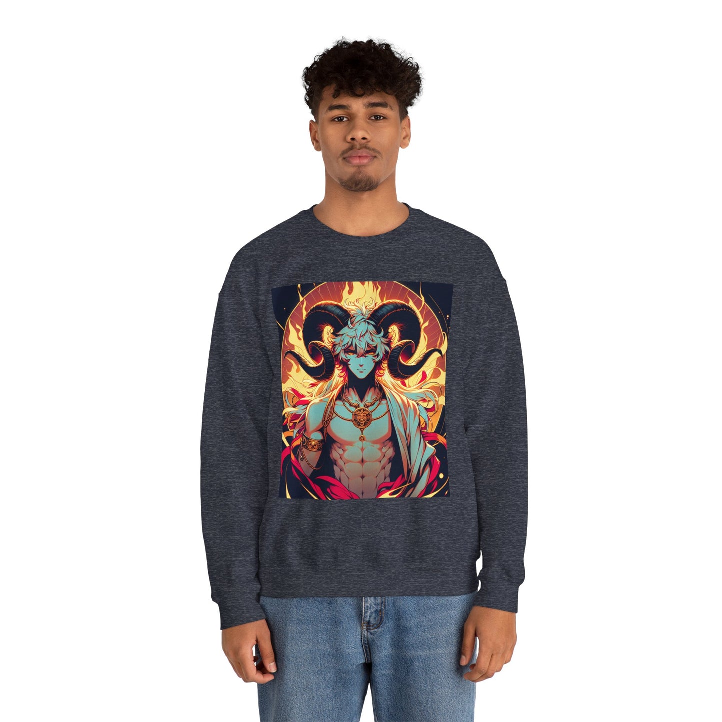 Unisex Heavy Blend™ Crewneck Sweatshirt, Anime Fire Aries, Zodiac Design