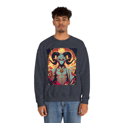 Unisex Heavy Blend™ Crewneck Sweatshirt, Anime Fire Aries, Zodiac Design