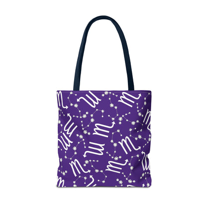 Tote Bag, Scorpio Zodiac Sign, AOP, (Purple, White)