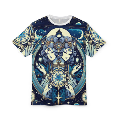 Unisex Cut & Sew T-Shirt (AOP), Twin Heads, Gemini Zodiac Design, Regular fit, 100% Polyester