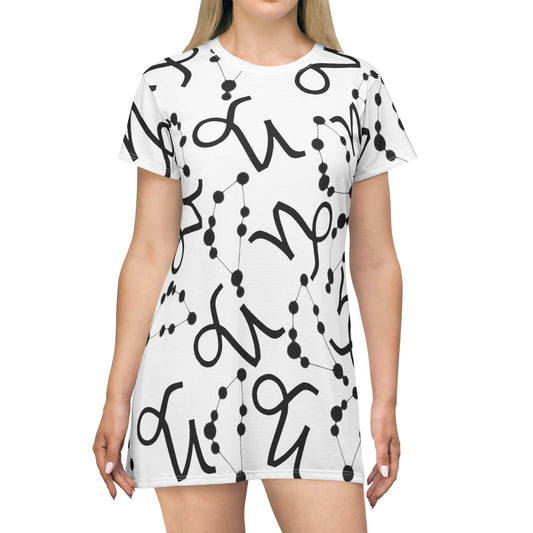 T-Shirt Dress (AOP), 100% Polyester, White thread color, Capricorn Zodiac design