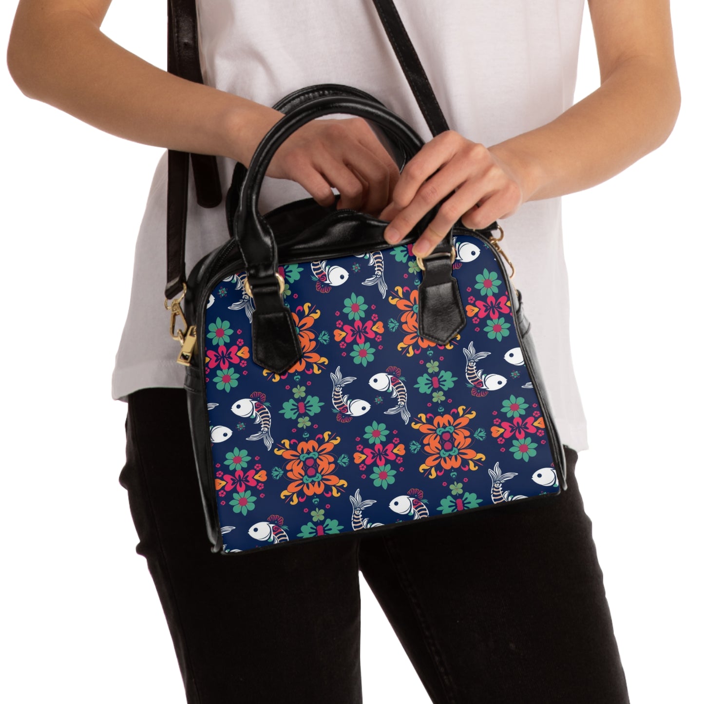 Shoulder Handbag, Pisces, Zodiac v2, Flower Pattern